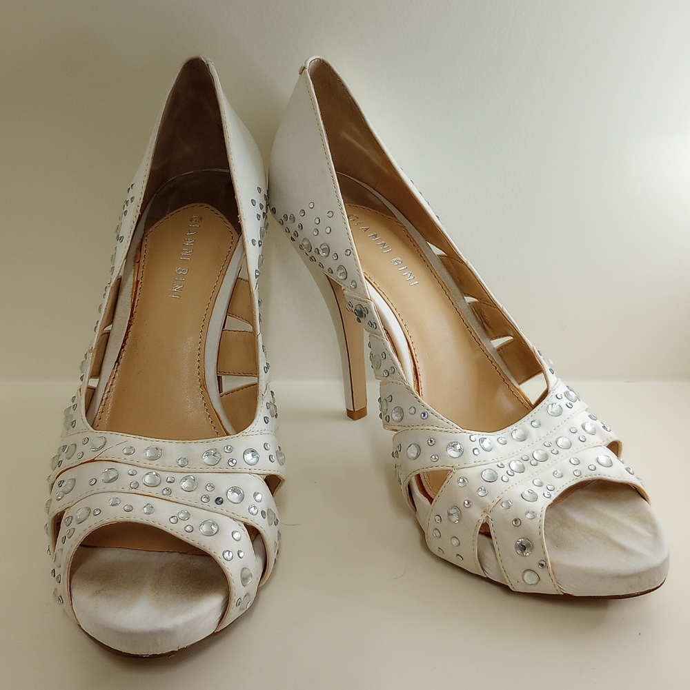 Gianni Bini White Peep-Toe Heels with Rhinestones - Picture 2 of 6